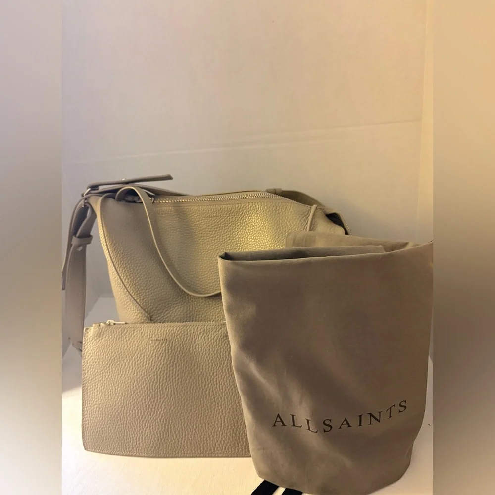 All Saints Gray Pebbled Gray Crossbody Bucket bag with Coin Purse and Dust Bag